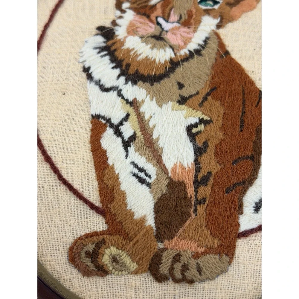 Vintage Crewel Embroidery Tiger Cub Framed Wall Art Handmade Oval Needlecraft
